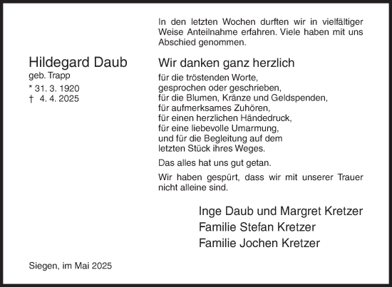 Traueranzeige von Hildegard Daub von Siegener Zeitung