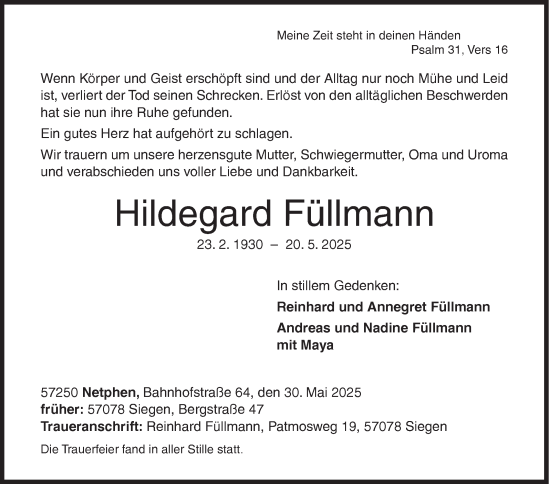 Traueranzeige von Hildegard Füllmann von Siegener Zeitung