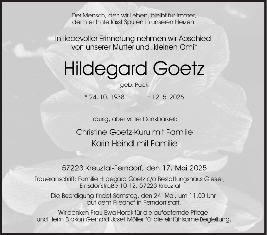 Traueranzeige von Hildegard Goetz von Siegener Zeitung