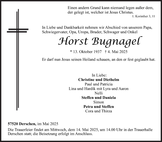 Traueranzeige von Horst Bugnagel von Siegener Zeitung