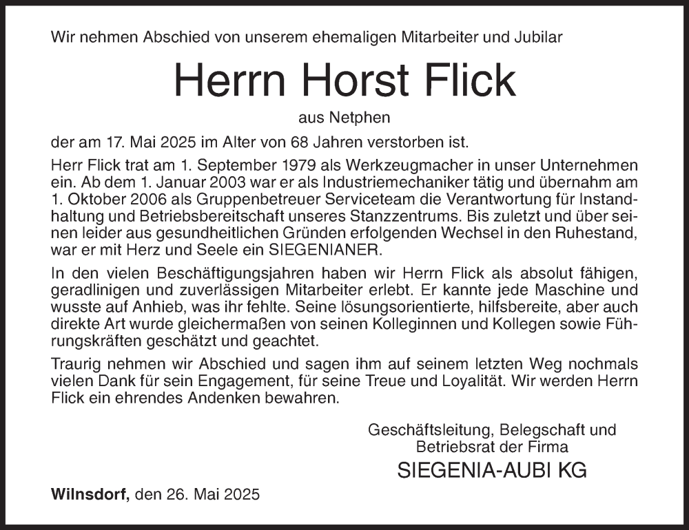  Traueranzeige für Horst Flick vom 26.05.2025 aus Siegener Zeitung