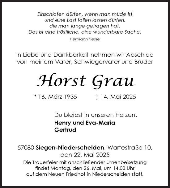 Traueranzeige von Horst Grau von Siegener Zeitung