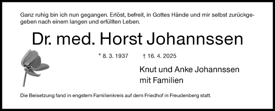 Traueranzeige von Horst Johannssen von Siegener Zeitung