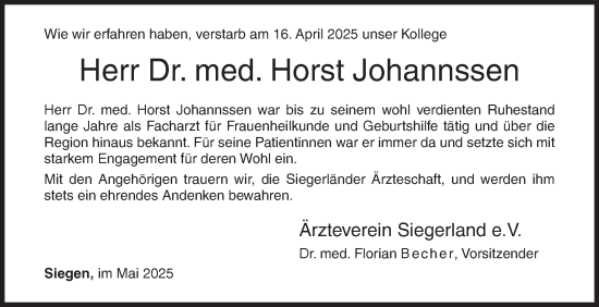 Traueranzeige von Horst Johannssen von Siegener Zeitung