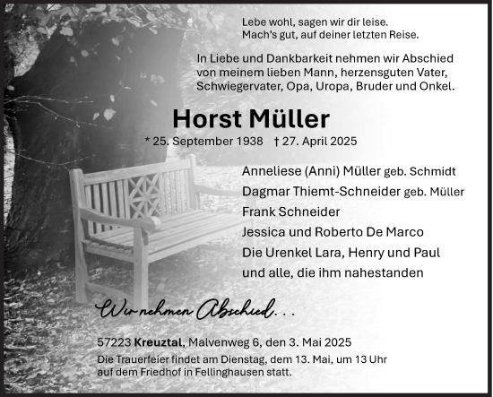 Traueranzeige von Horst Müller von Siegener Zeitung