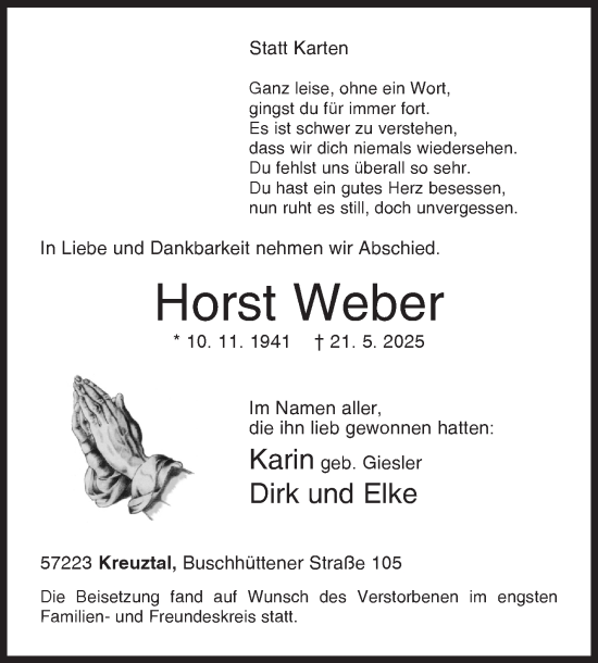 Traueranzeige von Horst Weber von Siegener Zeitung