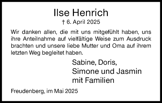 Traueranzeige von Ilse Henrich von Siegener Zeitung