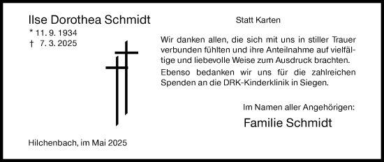 Traueranzeige von Ilse Dorothea Schmidt von Siegener Zeitung