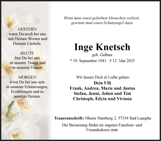 Traueranzeige von Inge Knetsch von Siegener Zeitung