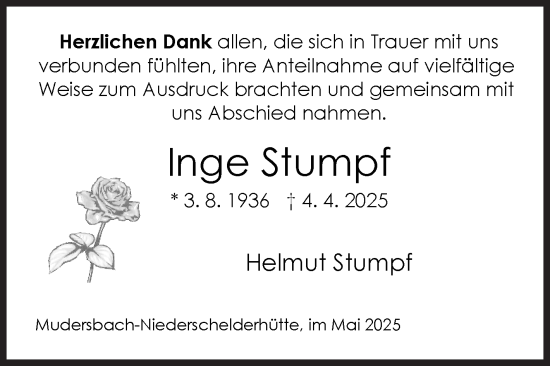 Traueranzeige von Inge Stumpf von Siegener Zeitung