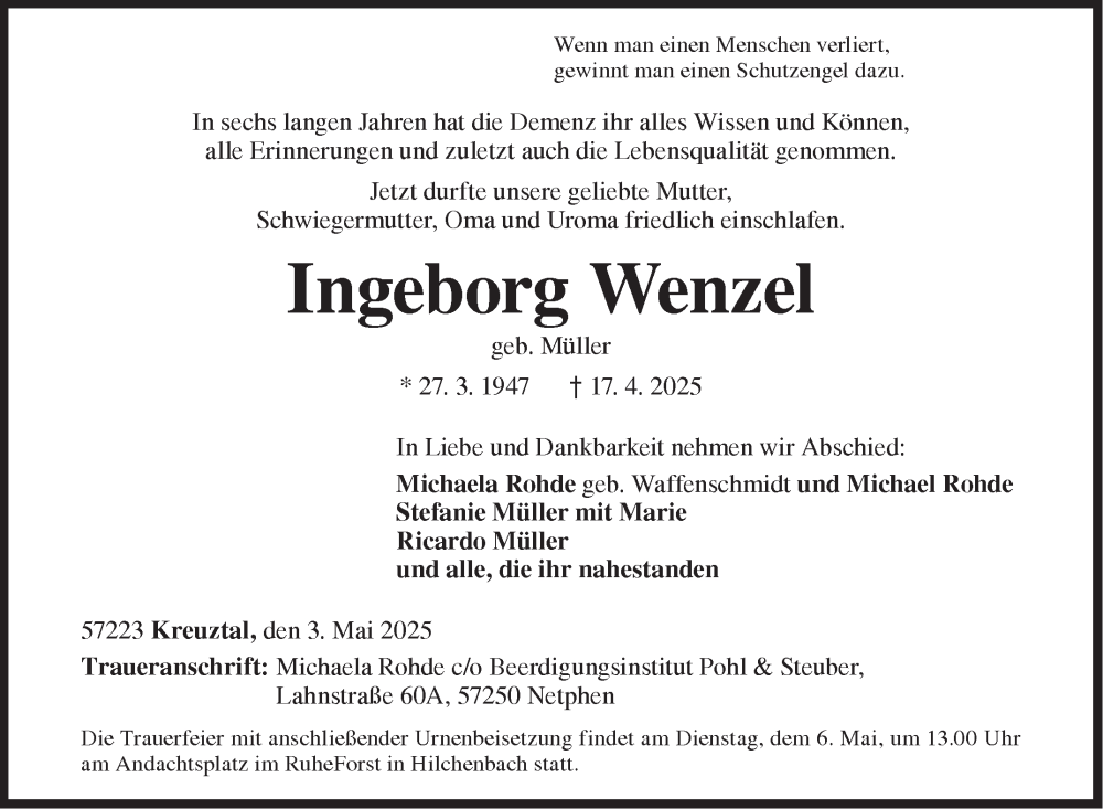  Traueranzeige für Ingeborg Wenzel vom 03.05.2025 aus Siegener Zeitung