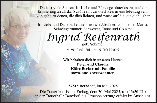 Traueranzeige von Ingrid Reifenrath von Siegener Zeitung
