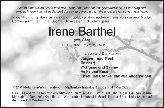 Traueranzeige von Irene Barthel von Siegener Zeitung