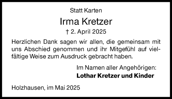 Traueranzeige von Irma Kretzer von Siegener Zeitung