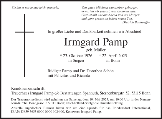 Traueranzeige von Irmgard Pamp von Siegener Zeitung