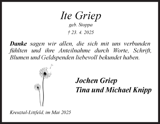 Traueranzeige von Ite Griep von Siegener Zeitung
