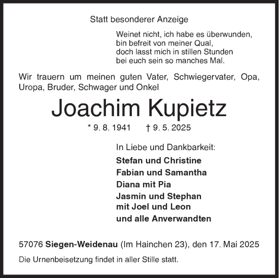 Traueranzeige von Joachim Kupietz von Siegener Zeitung