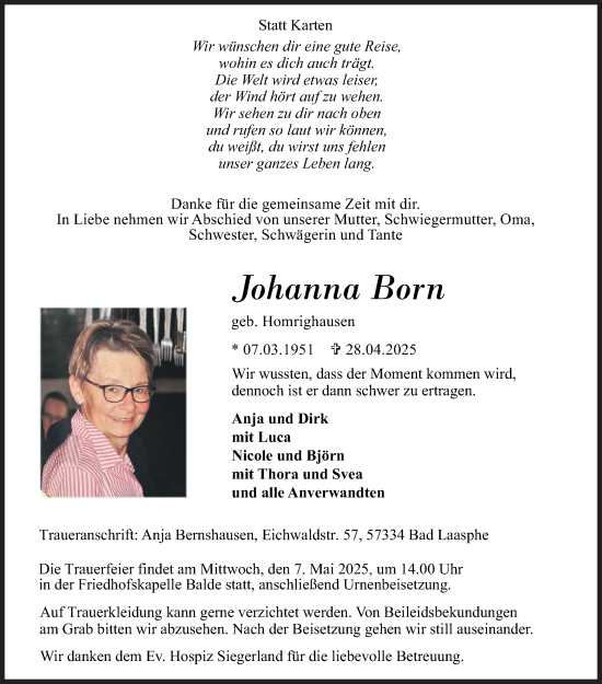 Traueranzeige von Johanna Born von Siegener Zeitung