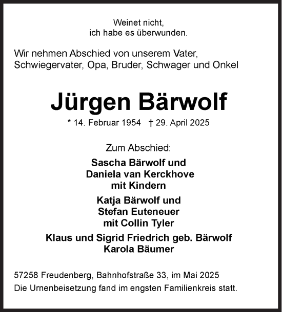 Traueranzeige von Jürgen Bärwolf von Siegener Zeitung