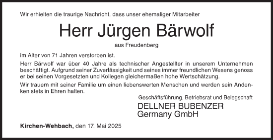 Traueranzeige von Jürgen Bärwolf von Siegener Zeitung