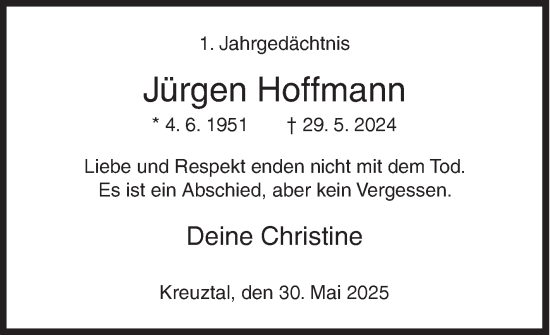 Traueranzeige von Jürgen Hoffmann von Siegener Zeitung