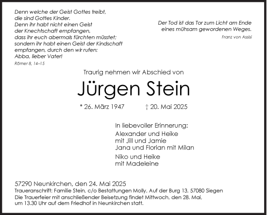 Traueranzeige von Jürgen Stein von Siegener Zeitung