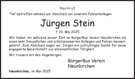 Traueranzeige von Jürgen Stein von Siegener Zeitung