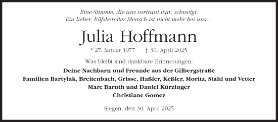 Traueranzeige von Julia Hoffmann von Siegener Zeitung