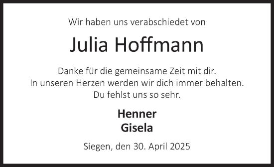 Traueranzeige von Julia Hoffmann von Siegener Zeitung