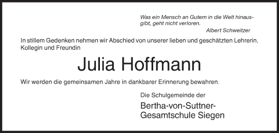 Traueranzeige von Julia Hoffmann von Siegener Zeitung