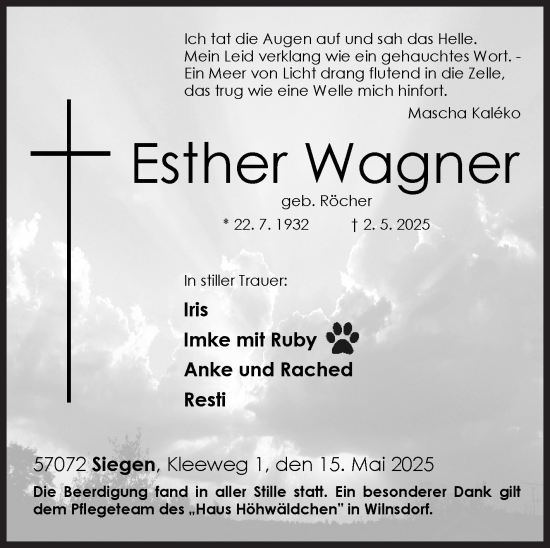 Traueranzeige von KalékoEsther Wagne von Siegener Zeitung