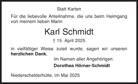 Traueranzeige von Karl Schmidt von Siegener Zeitung