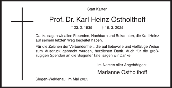 Traueranzeige von Karl Heinz Ostholthoff von Siegener Zeitung