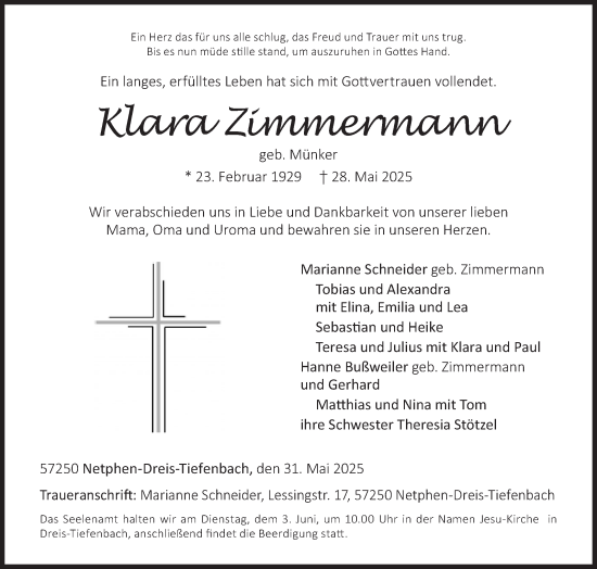 Traueranzeige von Klara Zimmermann von Siegener Zeitung