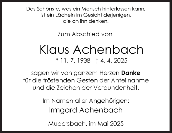 Traueranzeige von Klaus Achenbach von Siegener Zeitung