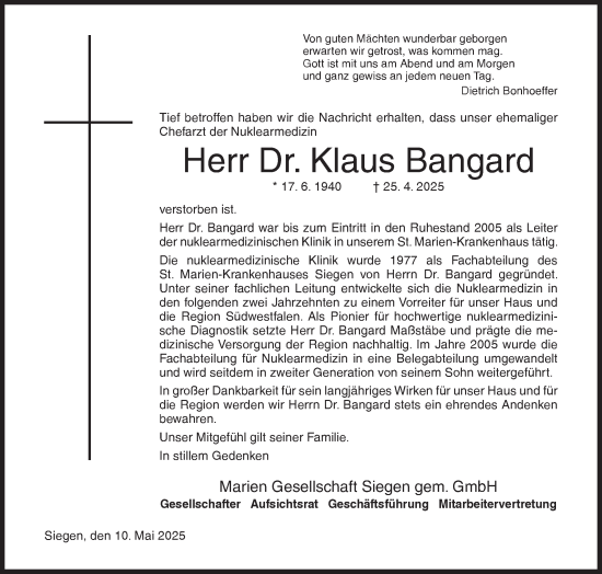 Traueranzeige von Klaus Bangard von Siegener Zeitung