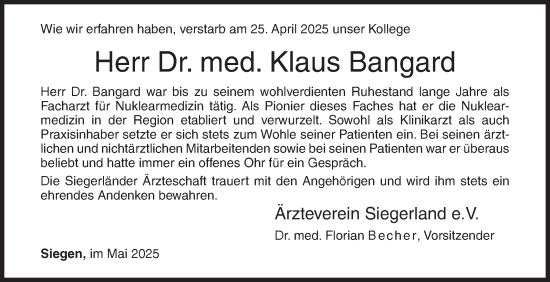Traueranzeige von Klaus Bangard von Siegener Zeitung
