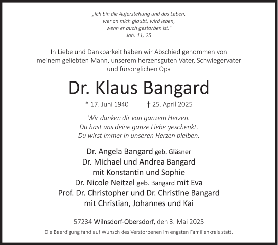 Traueranzeige von Klaus Bangard von Siegener Zeitung