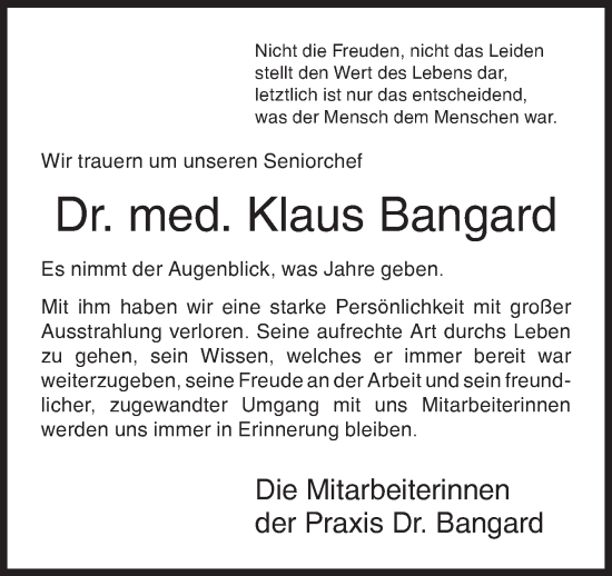 Traueranzeige von Klaus Bangard von Siegener Zeitung