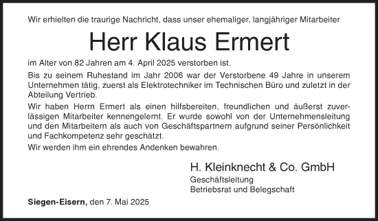 Traueranzeige von Klaus Ermert von Siegener Zeitung