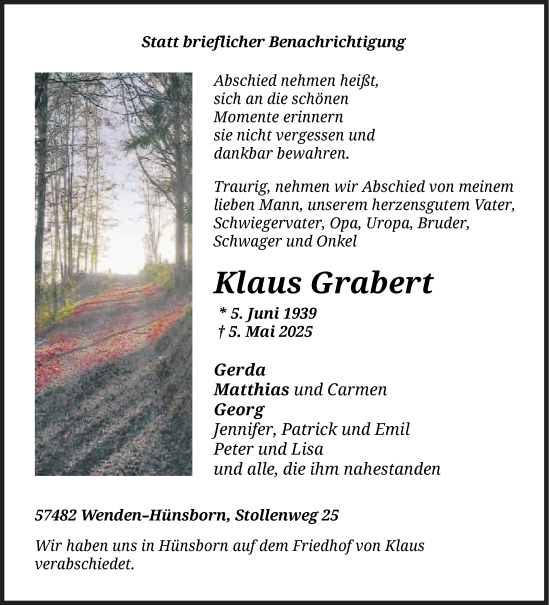 Traueranzeige von Klaus Grabert von Siegener Zeitung