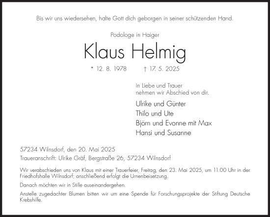 Traueranzeige von Klaus Helmig von Siegener Zeitung
