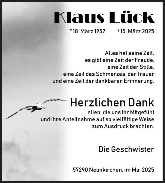 Traueranzeige von Klaus Lück von Siegener Zeitung