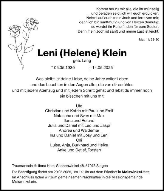 Traueranzeige von Leni Klein von Siegener Zeitung