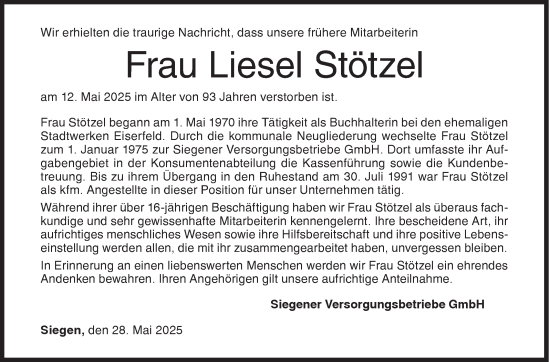 Traueranzeige von Liesel Stötzel von Siegener Zeitung