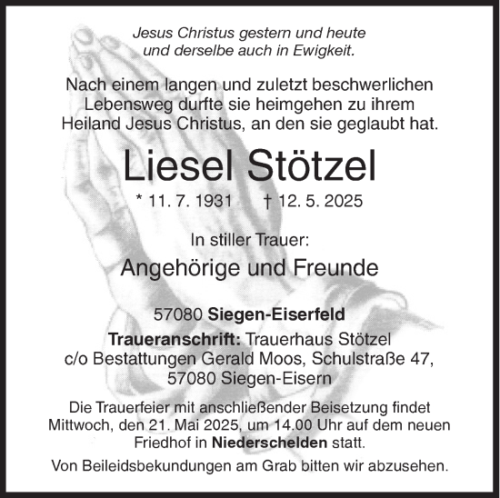 Traueranzeige von Liesel Stötzel von Siegener Zeitung