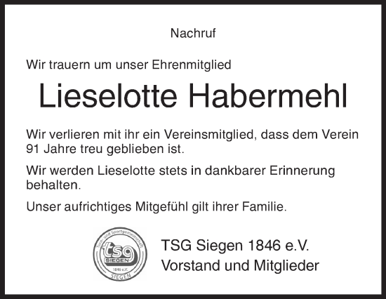 Traueranzeige von Lieselotte Habermehl von Siegener Zeitung