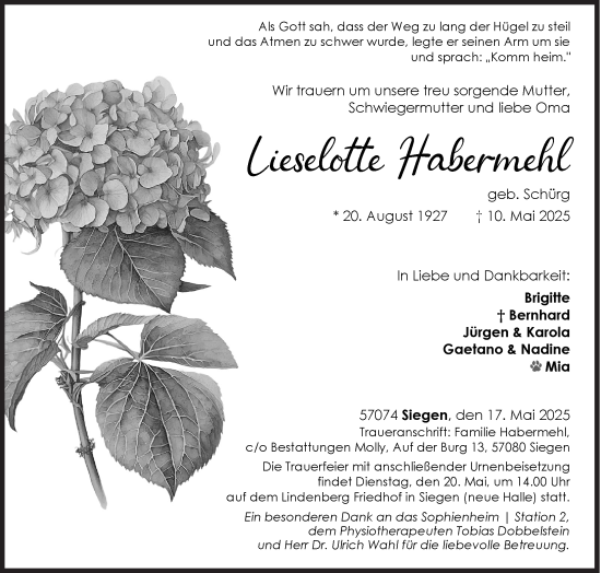 Traueranzeige von Lieselotte Habermehl von Siegener Zeitung