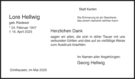 Traueranzeige von Lore Hellwig von Siegener Zeitung