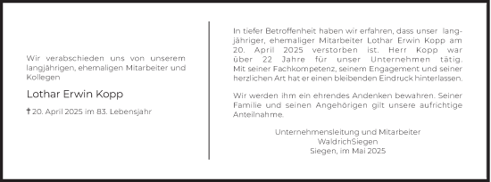 Traueranzeige von Lothar Erwin Kopp von Siegener Zeitung